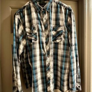 Chalc Blue and Gray Plaid Button Down Shirt Pearl snap